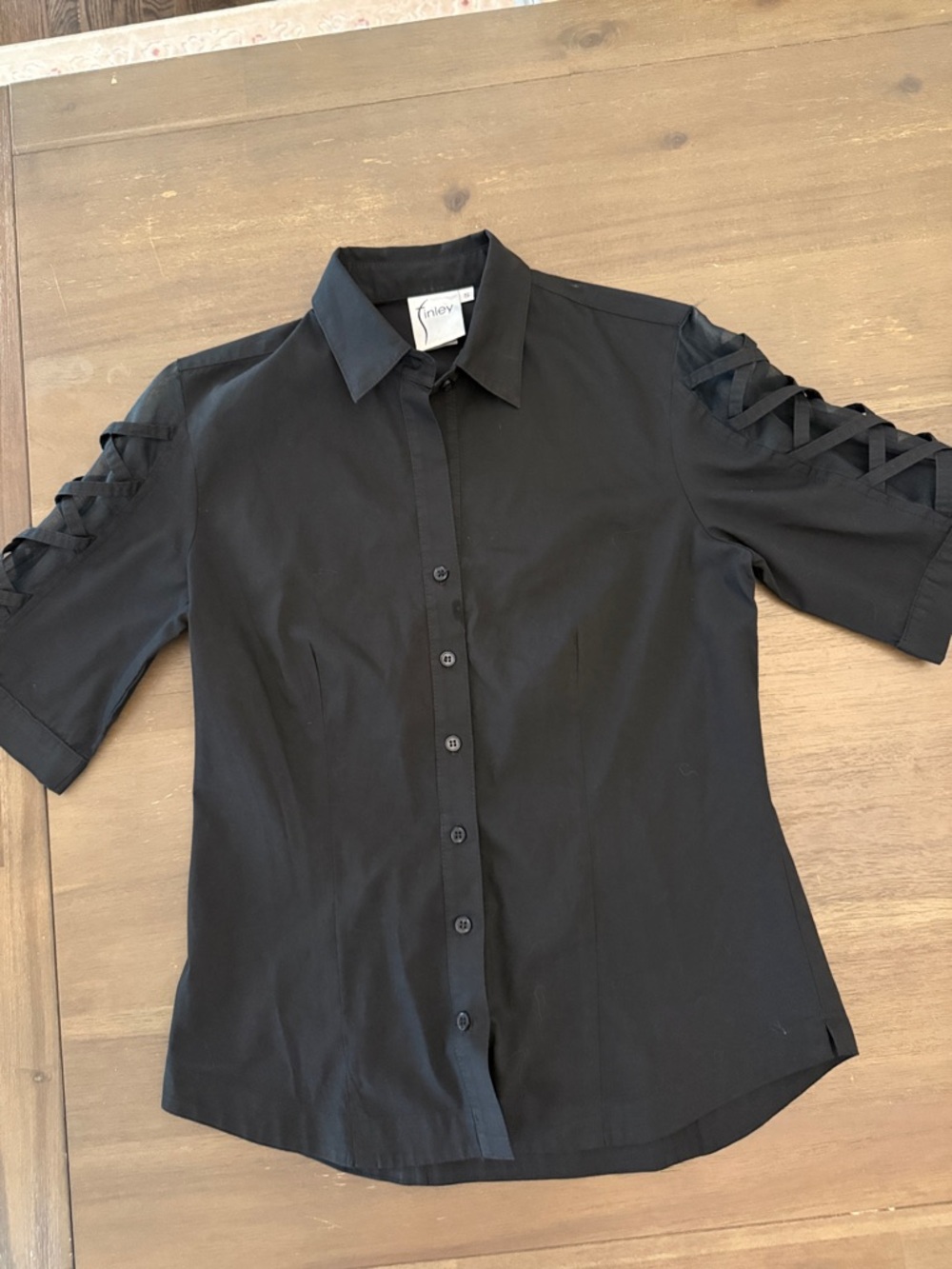 Finley Black Button-Down Shirt with Lattice Sleeve Detail small